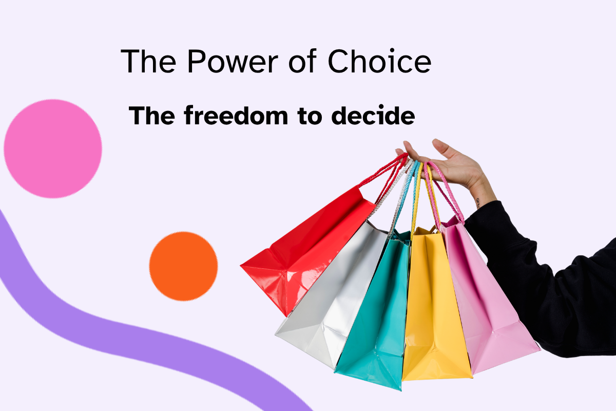 Blog header shows a hand carrying shopping bags, above the title reads The Power of Choice